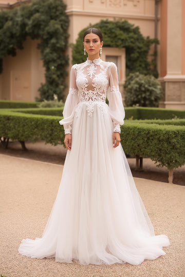Modest Ivory A-Line Long Sleeve Wedding Dress With Appliques